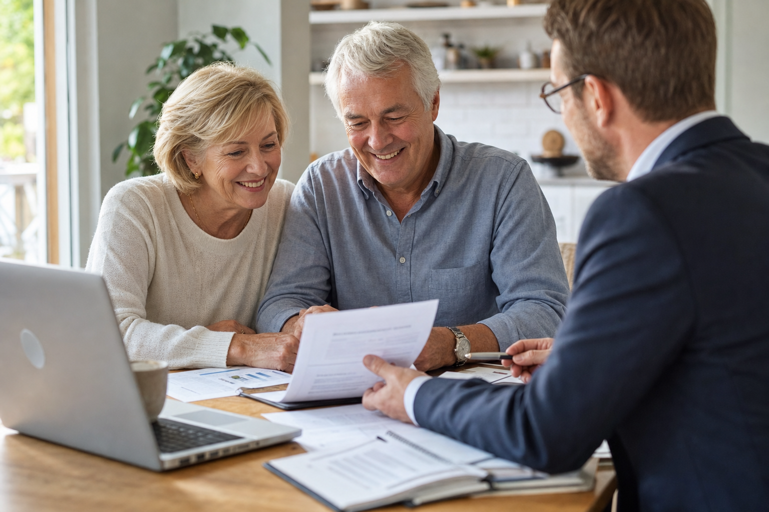 Senior couple reviewing mortgage note documents with advisor